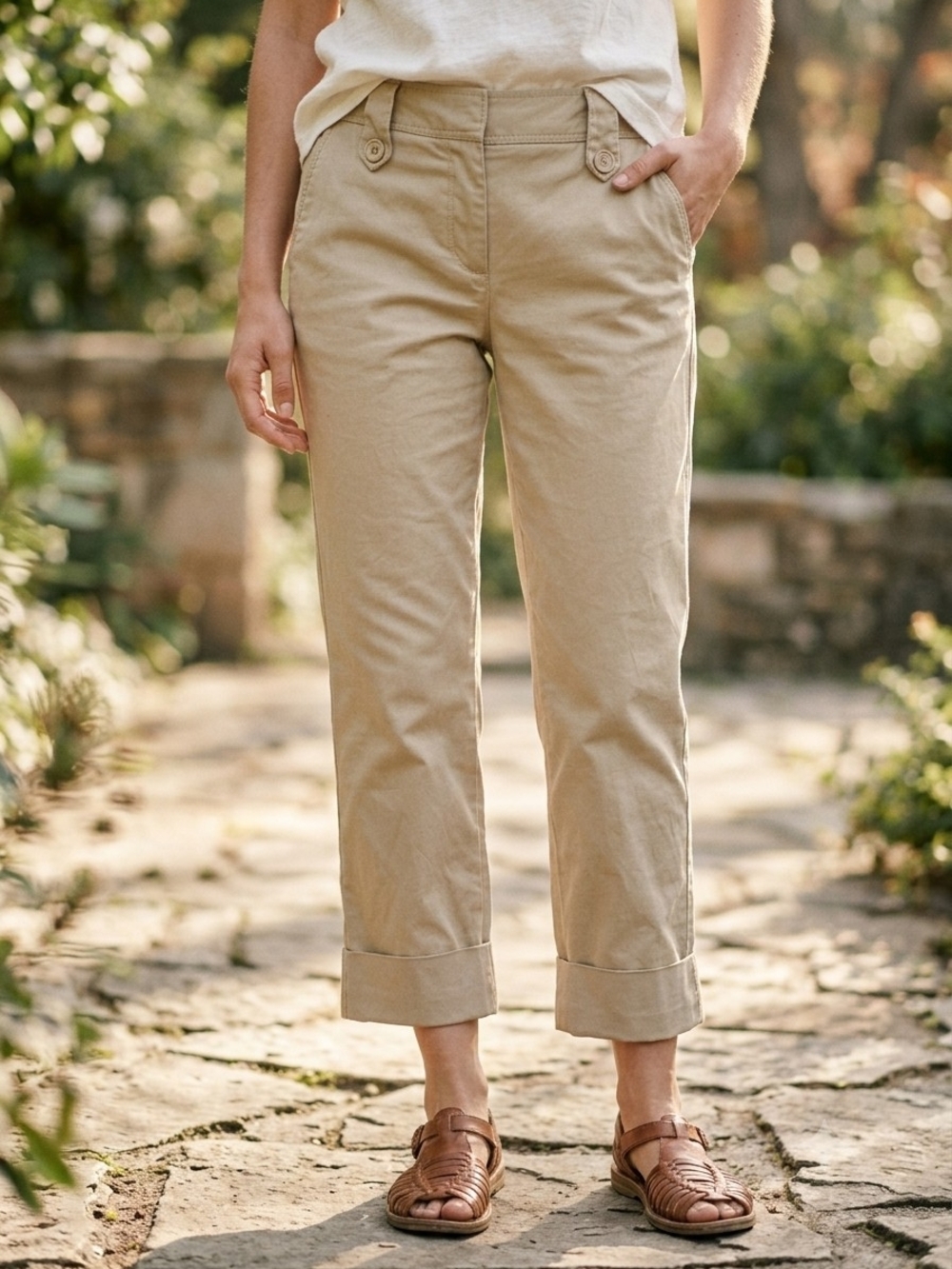 Reitmans Cropped Khaki Pants Stretch Twill Cuffed Coastal Grandma Office Siren